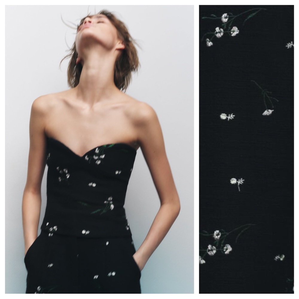 NWT. Zara Black Embroidered Textured Strapless Bustier. Size L.